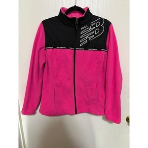 New Balance Womens Pink Black Colorblock Full Zip Fleece Jacket Large Logo NB